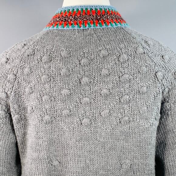 Size 12 Grey Multi Color Wool Cable Knit Bobble Leather Trim Jacket - Picture 8 of 11